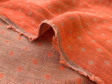 Designer Deadstock - Double Faced Linen - Sand/Tangerine Polka Dot ...
