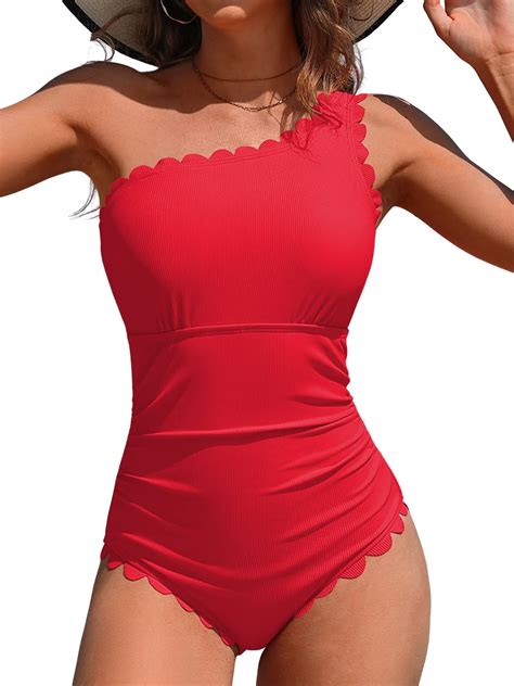 Asoul Ribbed One Piece Swimsuit for Women One Shoulder Scalloped