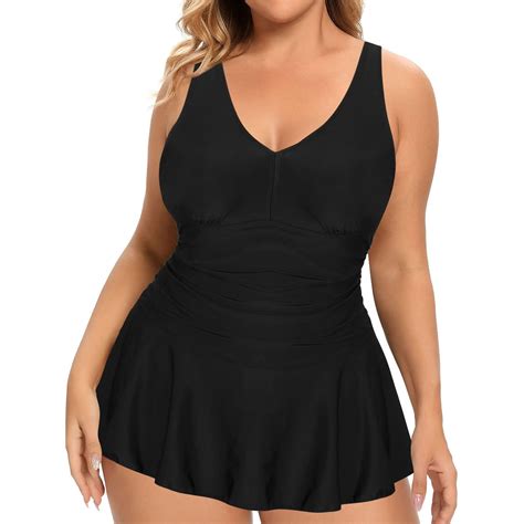 FDGIU Vintage V-Neck Ruched Swimdress One Piece Swim Skirt with High