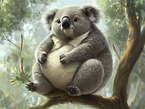 fat koala sitting   sturdy branch stock illustration illustration