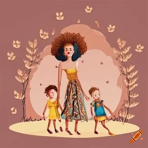 Illustration of a boho style fashion family with kids on Craiyon