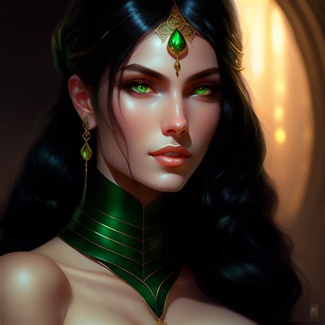 Lexica - Black hair woman, witch, white skin, pale skin, green eyes