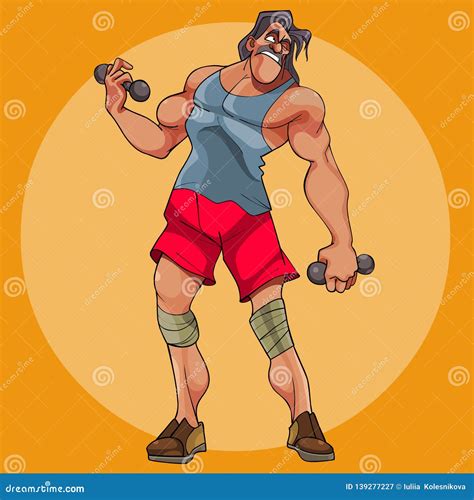 Cartoon Funny Male Athlete Doing Exercises with Dumbbells Stock Vector ...