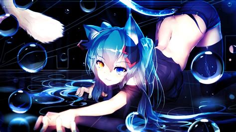 anime vocaloid hatsune miku animal ears bubbles girls gaming mat desk