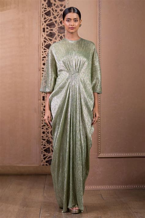 Buy Tarun Tahiliani Green Crinkle Tulle Bohemian Shimmer Finish Gown ...