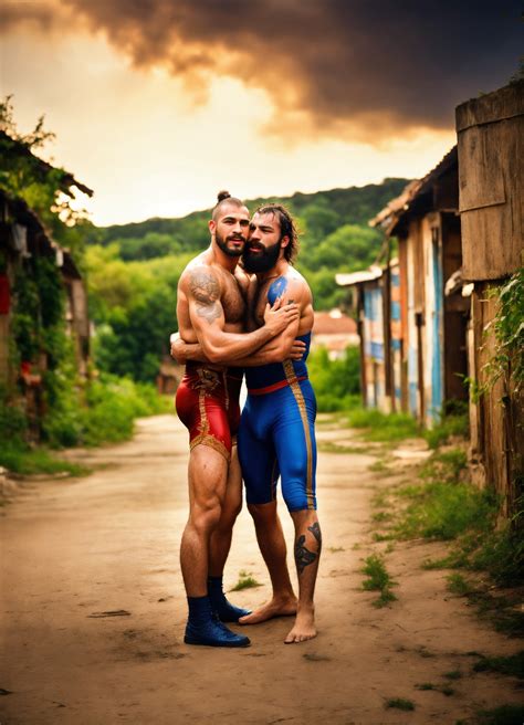 Lexica - A couple of hugging wrestling shirtless oiled hairy sweaty