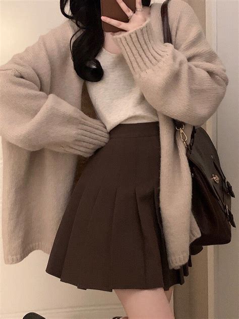 buy single breasted oversize cardigan mini pleated skirt set