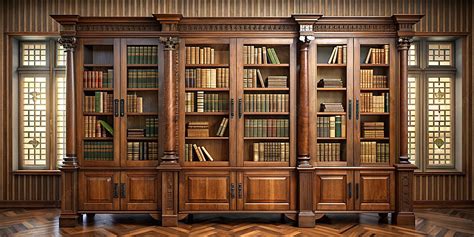 Ornate Wooden Bookcase Filled With Books In A Library Room Background ...