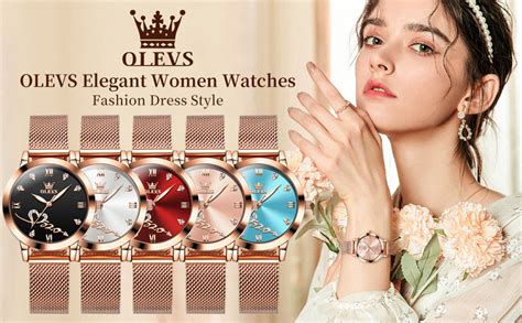 OLEVS Womens Watch Gifts Set Rose Gold Fashion Dress Heart Diamond Mesh ...