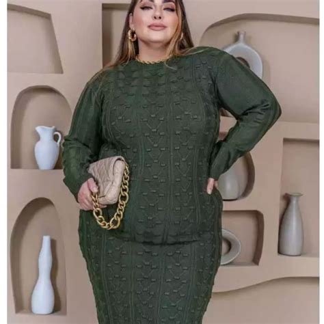 Vestidos Plus Size Inverno - Vestido Feminino Plus Size Tricot Midi Manga Longa Frio Inverno ...