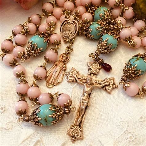 ROSARY SAINT THERESE SACRED HEART JESUS JADE & TURQUOISE BRONZE ...