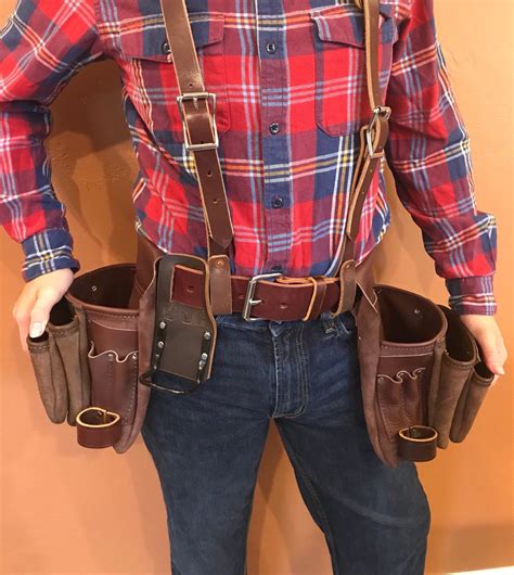 Leather Tool Belt with Suspenders- Large 6 pockets - Padded - Real Wool ...