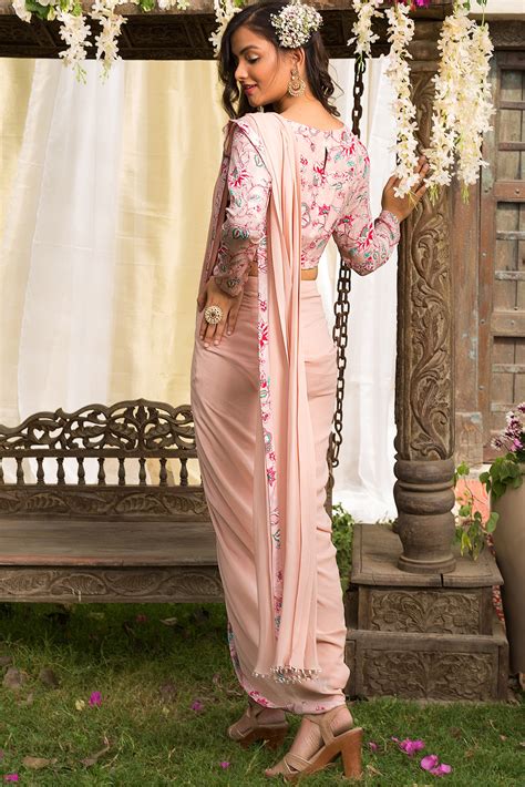 Nude Pink Georgette Pant Saree Set by Chhavvi Aggarwal at Pernia's Pop