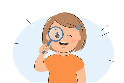 Curious kid girl look in magnifying glass. Smart child using magnifier ...
