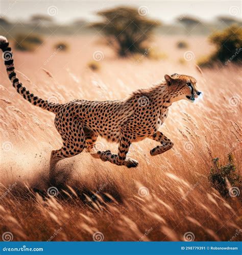 Cheetah Sprints Across Grassy Savannah Stock Illustration