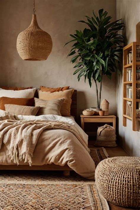 earthy cozy bedroom  warm beige tones natural accents