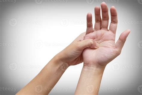 Woman suffering from palm pain, or finger pain. Hand numbness or limb