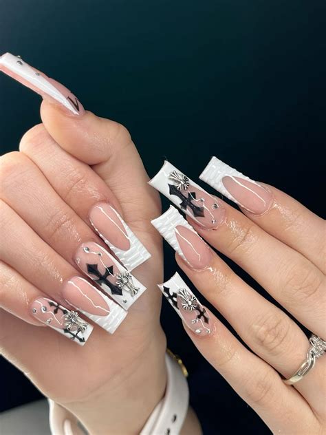 Chrome heart French nails | Long nails, Girly acrylic nails, Square