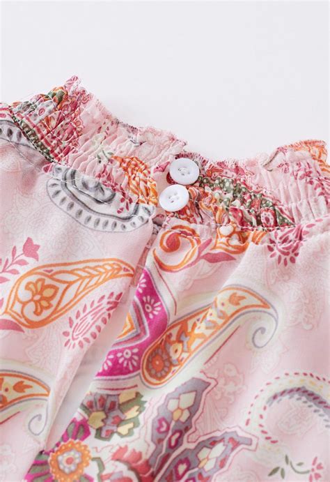 Paisley Printed Belted Tiered Chiffon Dress in Pink - Retro, Indie and