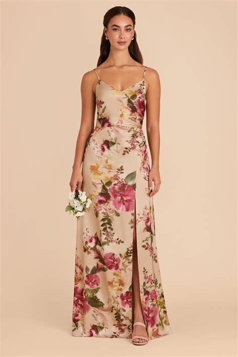 Catherine Hazelnut Moody Blooms Matte Satin V-Neck Bridesmaid Dress