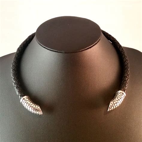 silver torc necklace black leather choker fenris