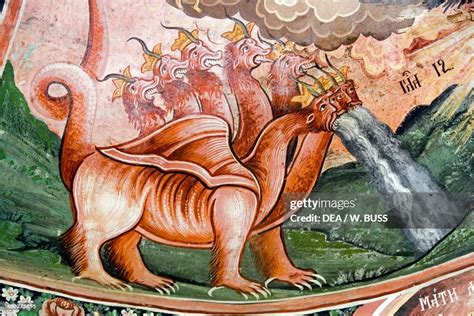 The seven-headed dragon of Revelation, detail from the frescoes of ...