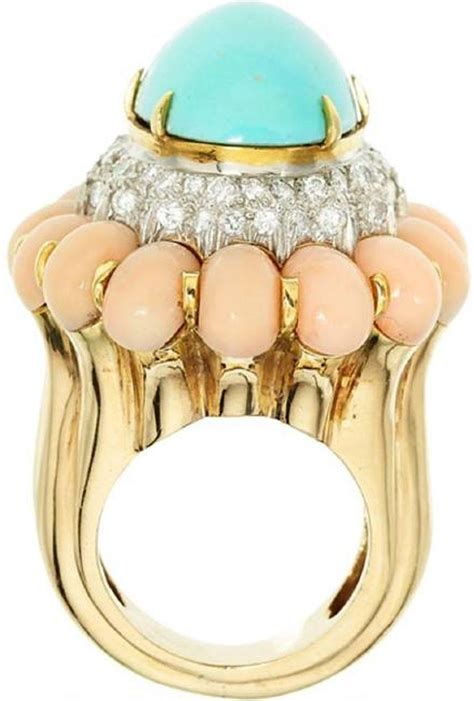 henry dunay turquoise coral diamond gold ring
