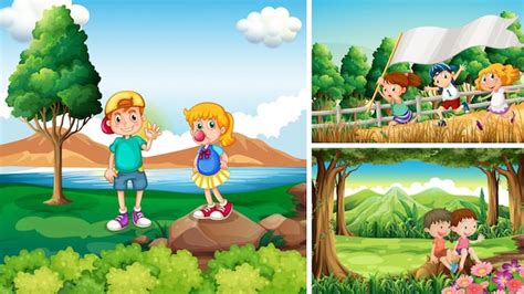 Tres escenas con niños en el campo | Vector Premium