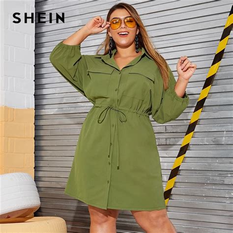 SHEIN плюс размер армейский зеленый шнурок талия карман сторона рубашка ...