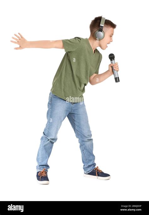 cute  boy singing  white background stock photo alamy