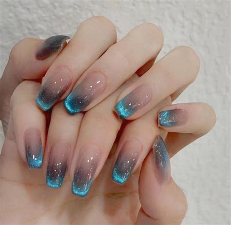 handmade galaxy blue cat eye ombre press  nails ombre nails blue
