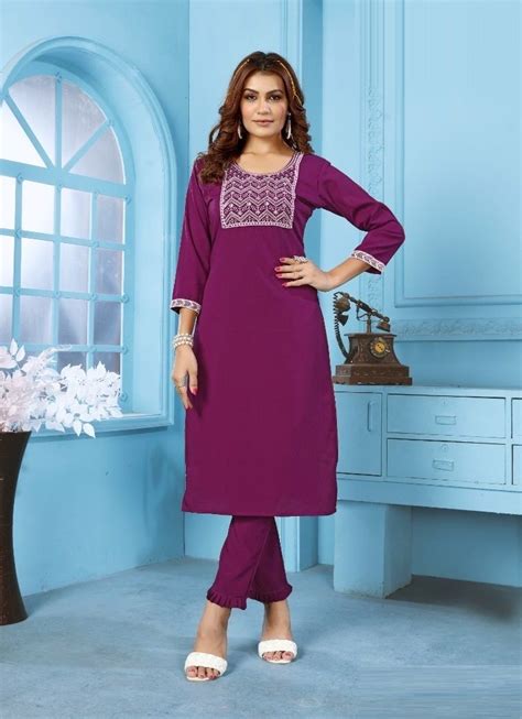 Coral Wrinkle Cotton Thread-Work Office-Wear Readymade Kurti With Pant