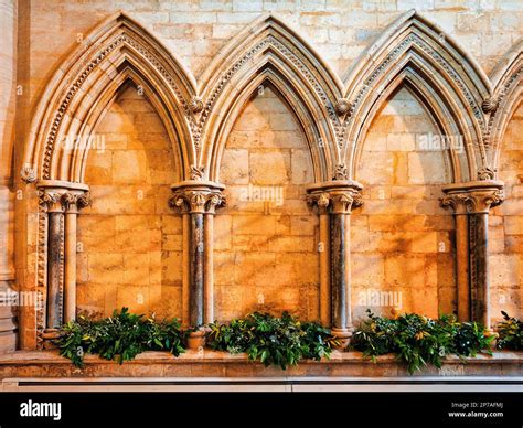 ornate columns  pointed arches detail lincoln cathedral