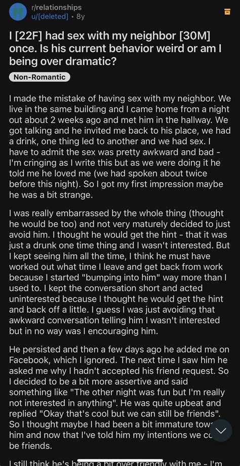 I [22F] had sex with my neighbor [30M] once. Is his current behavior