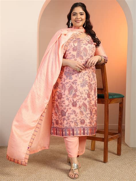 Buy Plus Size Peach Woven Design Silk blend Straight Suit Set With