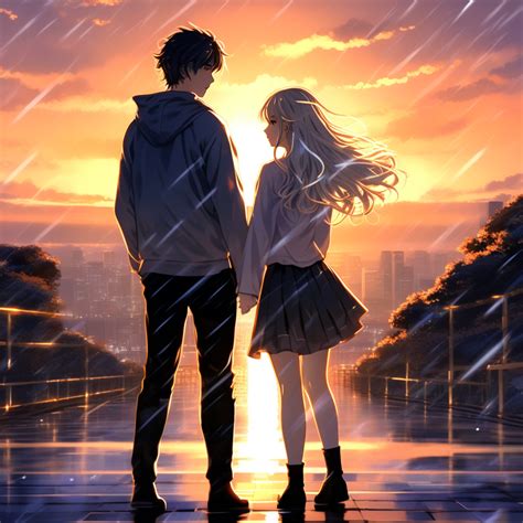 Anime couple in the rain girl has long curly white hair gold... by ...