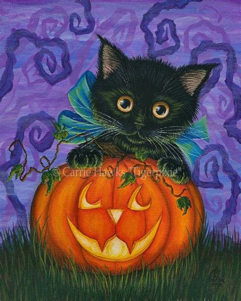 Halloween Black Cat Painting Fall Pumpkin Black Kitten | Etsy