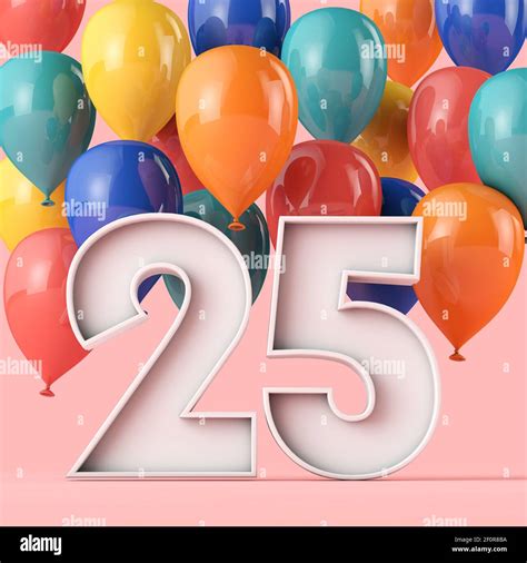 Happy 25th birthday background with colourful balloons. 3D Rendering ...