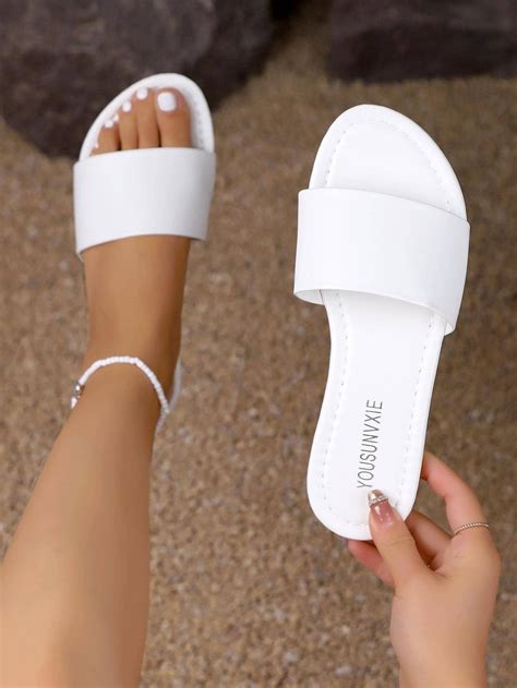 Elegant White Sandals For Women, Minimalist Single Band Slide Sandals ...