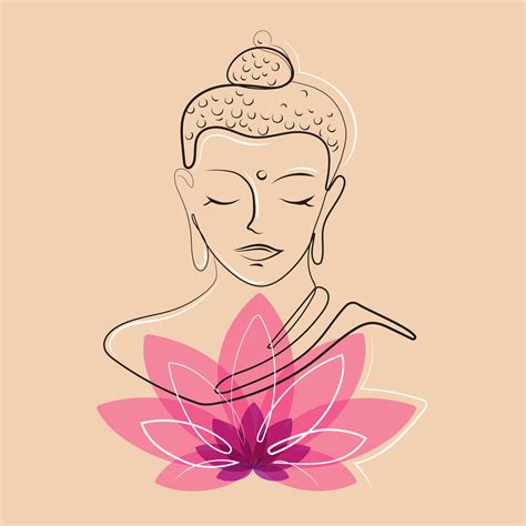 Buddha head barking drawing with lotus flower on beige nude background ...