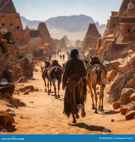 Arab Travelers in the Desert Riding Camels and Horses with Realistic