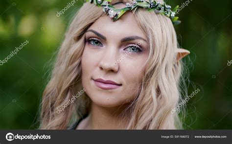 Portrait Young Woman Cosplay Elf Clothes Make Green Background ...