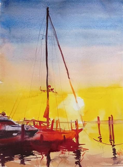 Boats in the Harbor at Sunset