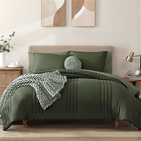 Monbix Full Comforter Set - 7 Pieces Olive Green Bed in a Bag Full Size
