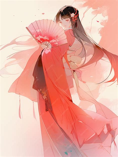 Premium Photo | Anime girl in a red kimono with a fan and a pink ...