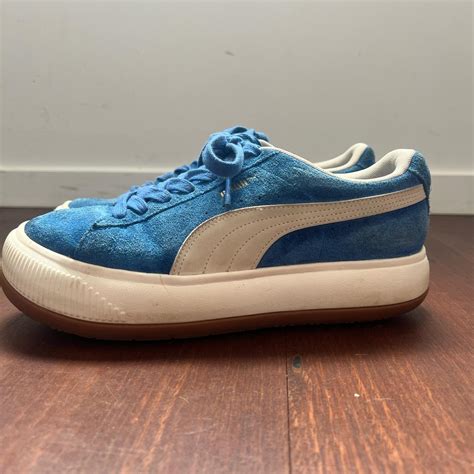 Worn Puma blue suede sneakers. A bit of wear on the... - Depop