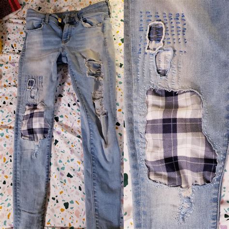 I'm halfway through sewing patches on a pair of pre-ripped jeans that