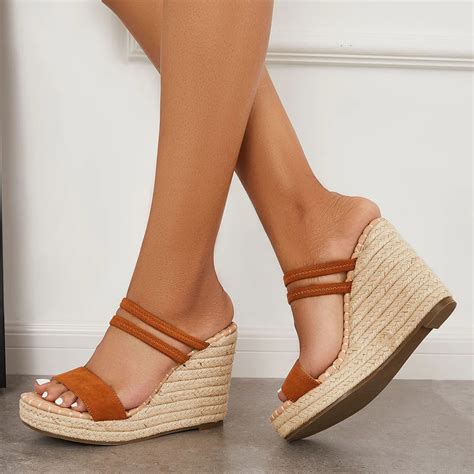 open toe platform espadrille wedges slip  sandals brown  women