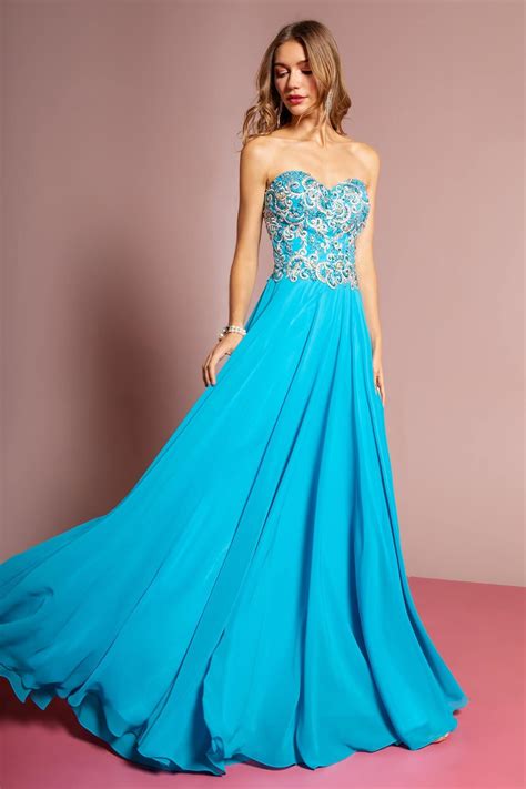 Aqua Prom Strapless Sweetheart Chiffon Evening Gown Long | DressOutlet