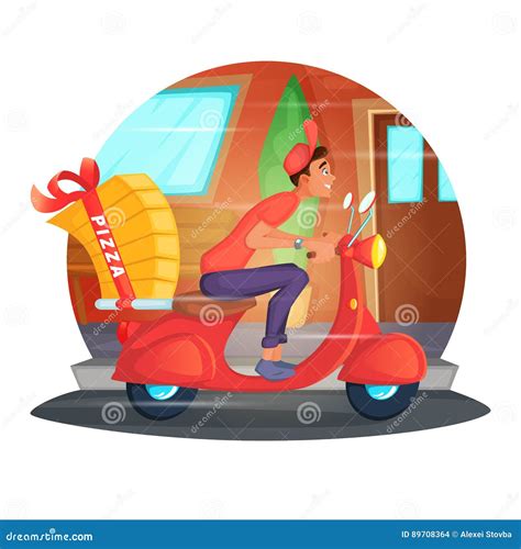 Ilustração Do Conceito Do Correio Do "trotinette" Que Entrega a Pizza O